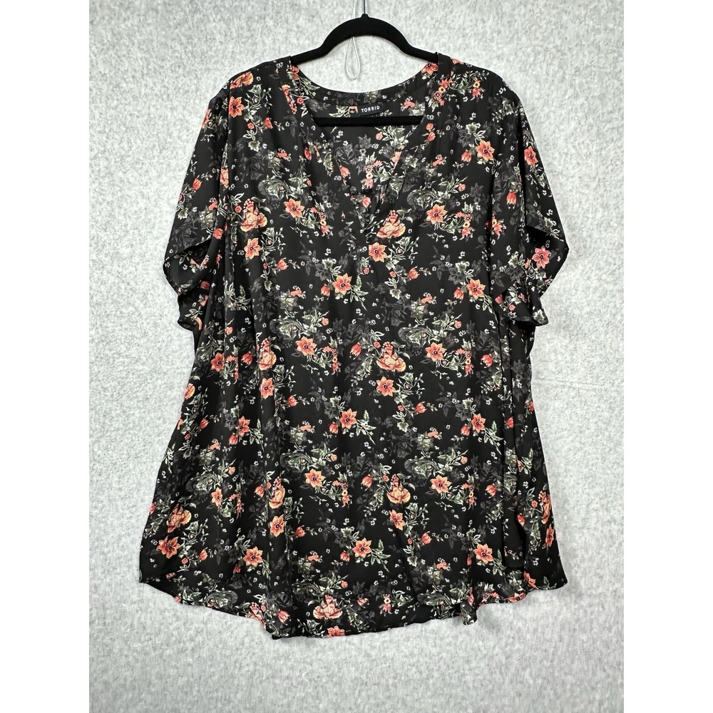 Torrid Womens 4 Chiffon Floral Blouse Short Sleeve Black Georgette Top Flaw - Picture 1 of 9